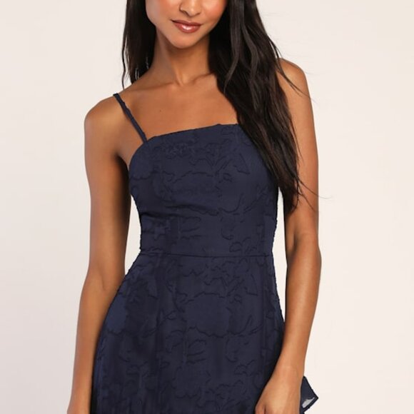 Lulus Days With You Navy Blue Floral Burnout Ruffled Mini Dress - Size M - Picture 1 of 1